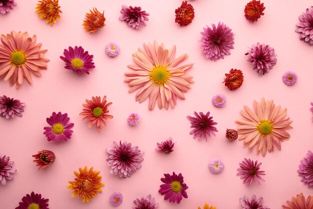 Foto flores de color rosa sobre fondo de papel rosa. composición de flores.