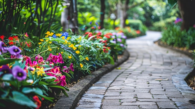 Las flores de colores bordean un sendero del jardín