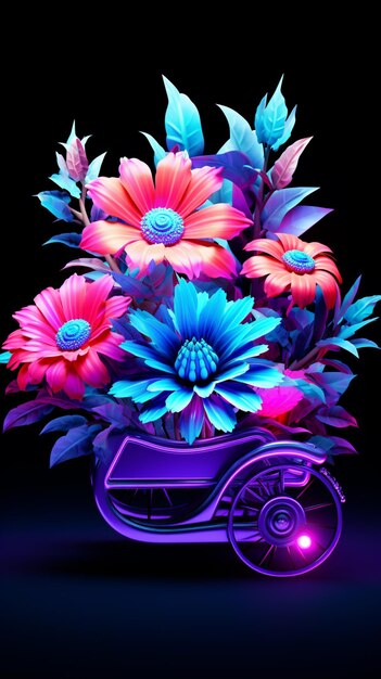 Foto flores de colores brillantes en una bicicleta morada con un fondo negro ai generativo