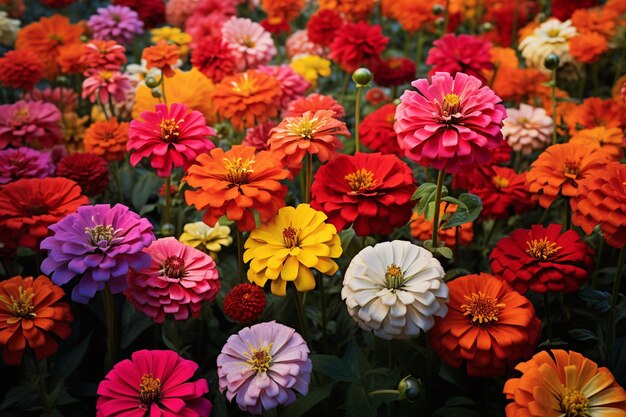 Las flores de colores brillantes están en un campo de hojas verdes generativas ai