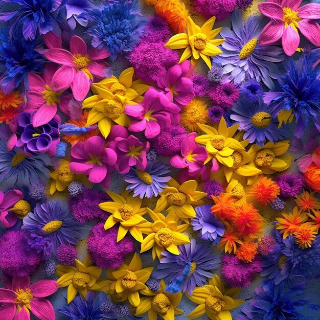 Foto las flores de colores brillantes están dispuestas en una gran pila generativa ai