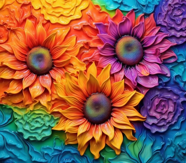 las flores de colores brillantes están dispuestas en un pastel de colores del arco iris generativo ai