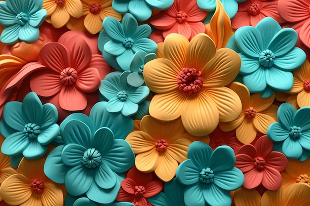 Las flores de colores brillantes están dispuestas en un patrón en un ai generativo de pared