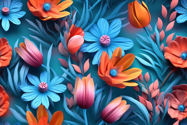 las flores de colores brillantes están dispuestas en un patrón en un fondo azul generativo ai