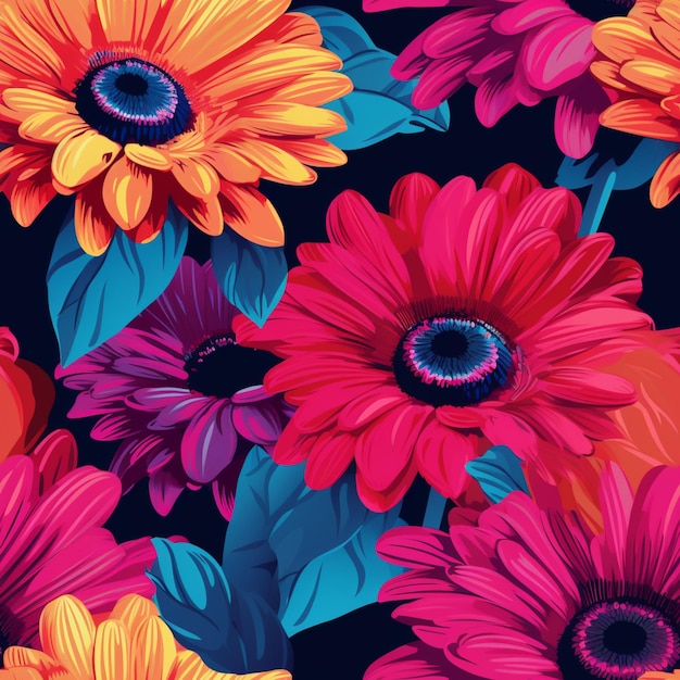 flores de colores brillantes están dispuestas en un patrón sobre un fondo negro ai generativo