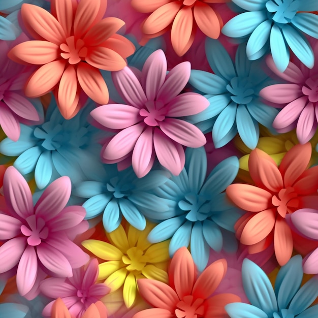 flores de colores brillantes están dispuestas en un patrón sobre un fondo rosa ai generativo