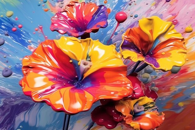 flores de colores brillantes están en un jarrón con un fondo azul ai generativo