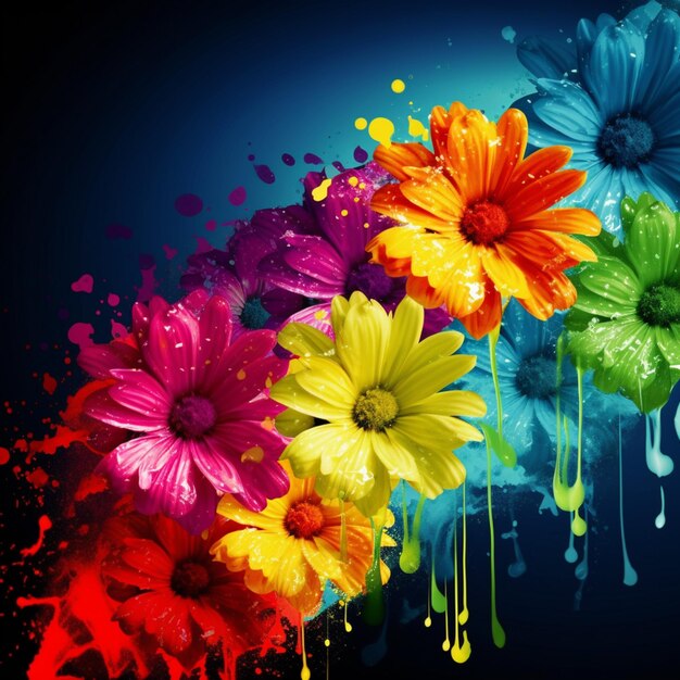 Foto las flores de colores brillantes están salpicadas de pintura sobre un fondo oscuro
