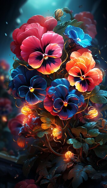 Foto flores de colores brillantes se iluminan en la oscuridad con la luz de una lámpara ai generativa