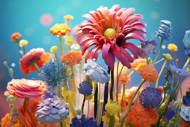 Flores de colores brillantes en un jarrón con un ai generativo de fondo azul