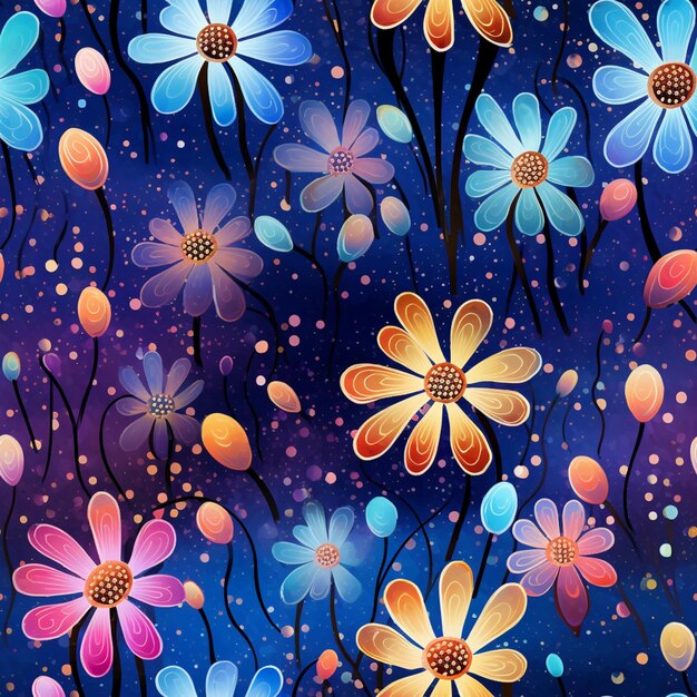 Flores de colores brillantes sobre un fondo azul con puntos y puntos generativos ai