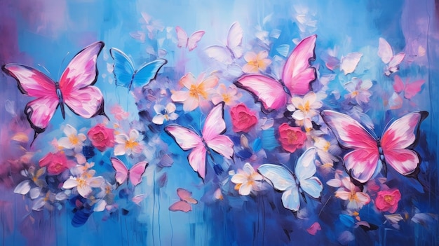 flores de colores brillantes en tonos rosados y azules y mariposa con tinte dorado