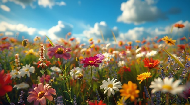 Flores de colores en el campo bajo el cielo azul