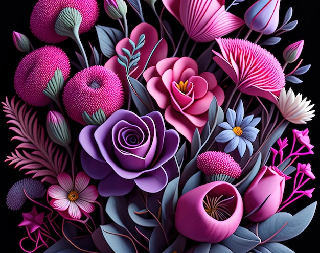 flores de colores en el fondo negro ilustración de representación 3 d