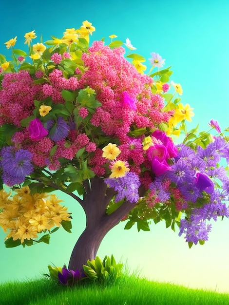 Foto flores de colores naturales en el árbol con fondo de naturaleza verde generado por ai