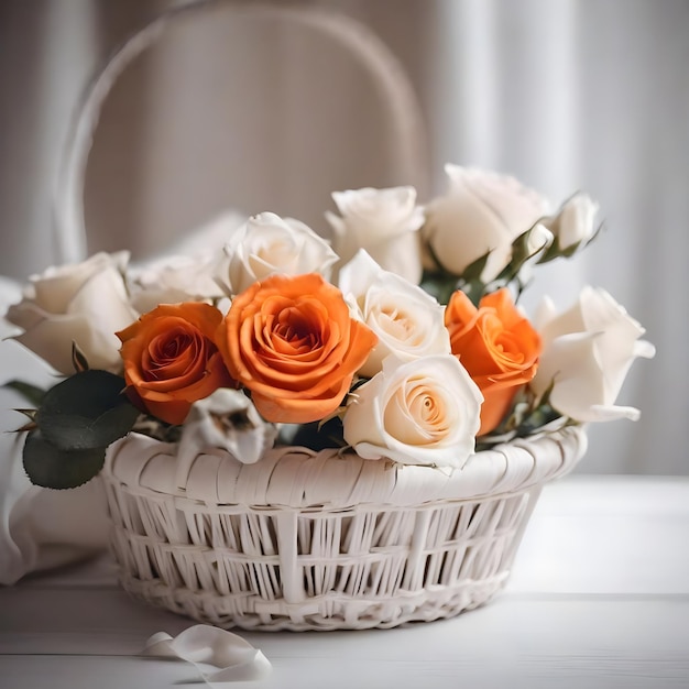 Flores de colores pastel en cesta blanca fondo de regalo de boda florístico aislado