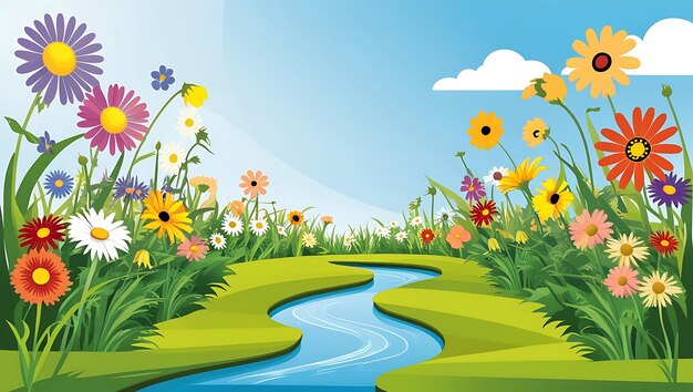 Flores de colores que florecen junto a un arroyo sinuoso