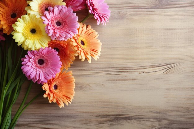 Flores de colores sobre un fondo de madera