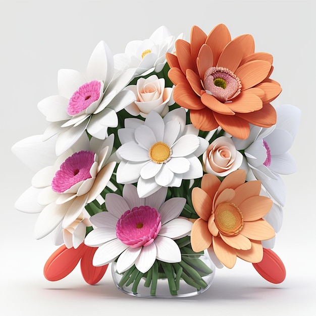 Las flores coloridas en 3D son un ramo de flores multicolores Fondo blanco brillante