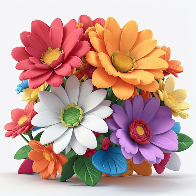 Las flores coloridas en 3D son un ramo de flores multicolores Fondo blanco brillante