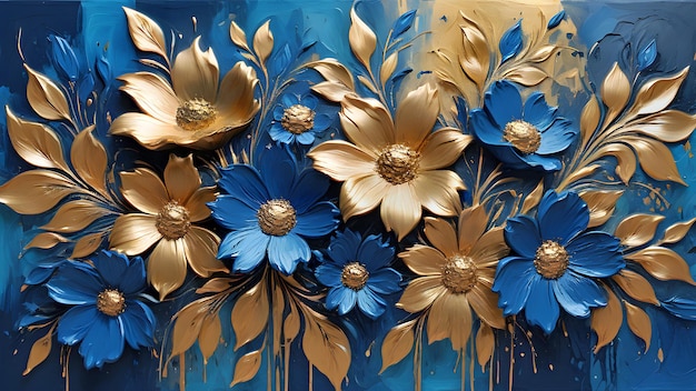 flores coloridas azuis e douradas pintadas com tintas a óleo fundo floral brilhante
