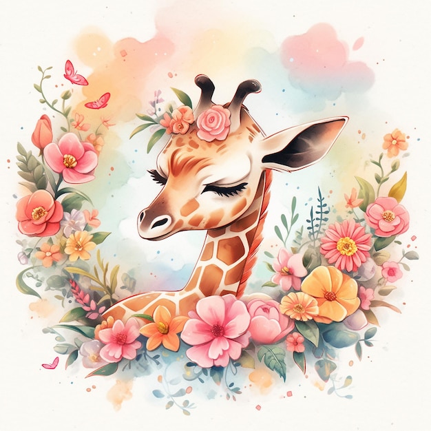 Foto flores coloridas com bebê girafa e espaço para texto em estilo aquarela