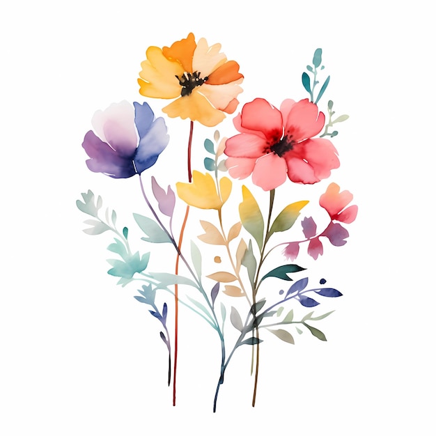 Foto flores coloridas de aquarela de primavera em fundo branco