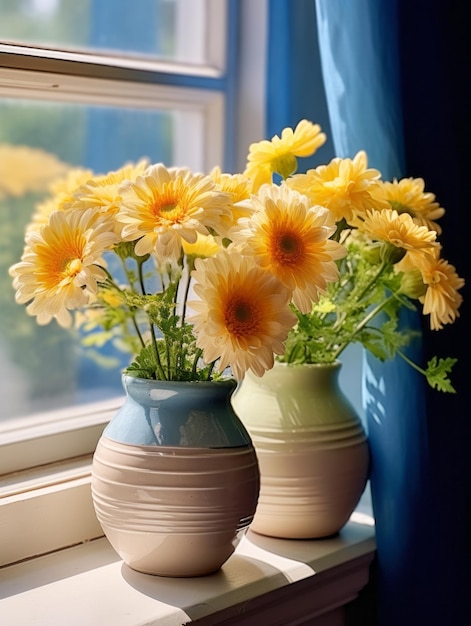 Flores coloridas de camomila gerber em um vaso de cerâmica na varanda ao pôr do sol