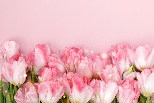 Flores coloridas de composição de fundo de primavera criativa em fundo rosa