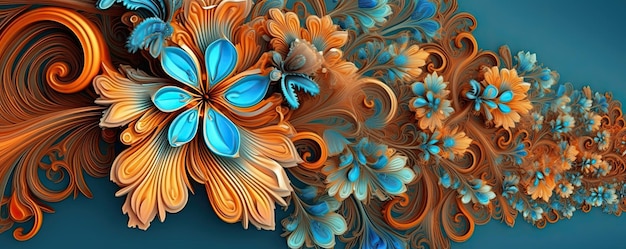 Flores coloridas de laranja e azuis e folhas Repetindo a borda horizontal floral Generative AI