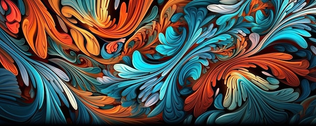 Flores coloridas de laranja e azuis e folhas Repetindo a borda horizontal floral Generative AI