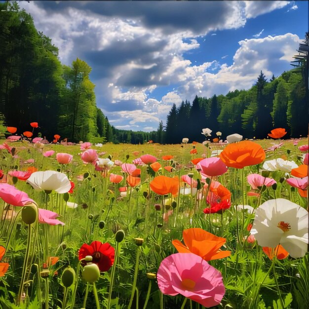 Flores coloridas de papoulas no campo, prados esclarecidos no topo das nuvens, flores em flor, um símbolo da primavera, nova vida.