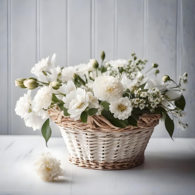 Flores coloridas de tendência pastel em cesta branca isolada fundo de presente de casamento florístico