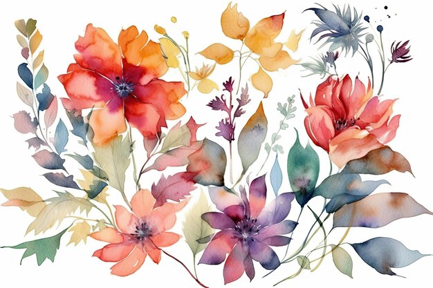 Flores coloridas e folhas verdes pintadas com aquarelas Generative AI