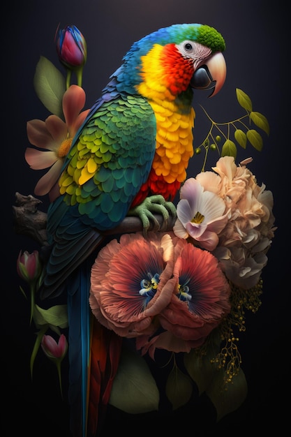 Flores coloridas e papagaio