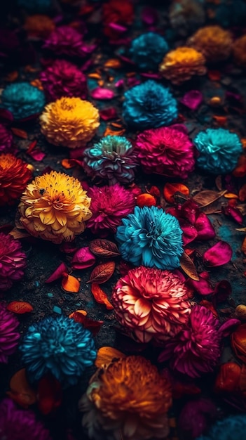 Flores coloridas e pétalas no chão Belas flores papel de parede