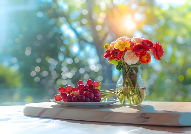 Flores coloridas e uvas no peitoral de uma janela de alta resolução