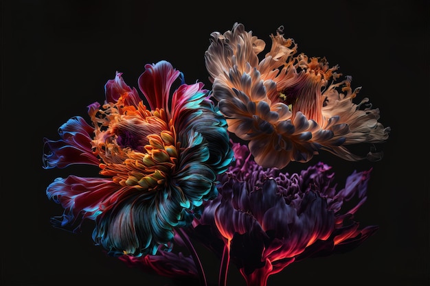 flores coloridas elegantes isoladas em fundo preto Geodo de resina e arte funcional de arte abstrata