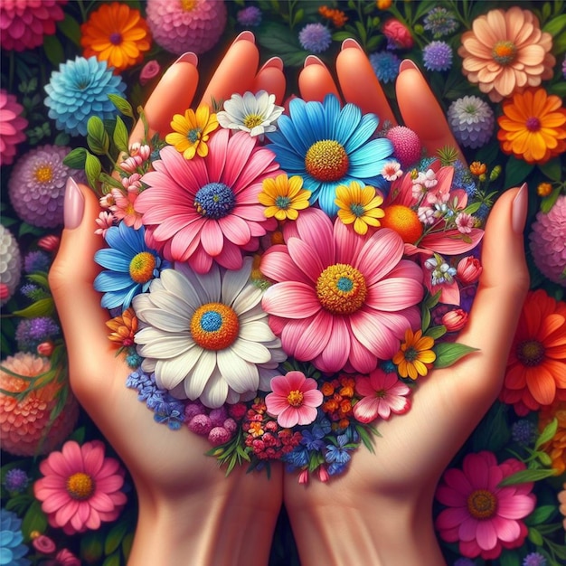 Foto flores coloridas em ambas as mãos