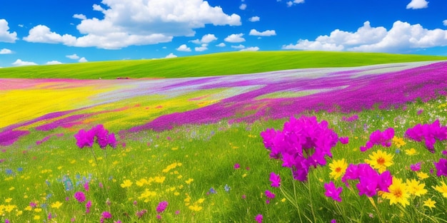 Flores coloridas em um campo sob um céu azul