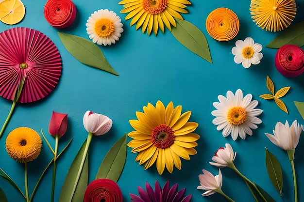 Flores coloridas em um fundo azul com uma flor branca e uma folha verde.