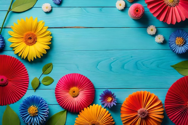 Foto flores coloridas em uma mesa de madeira azul