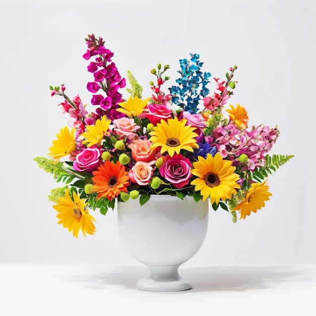 Flores coloridas em vaso branco