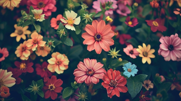 Flores coloridas espalhadas em um campo de grama verde exuberante