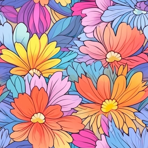 las flores coloridas están dispuestas en un patrón en un fondo azul generativo ai