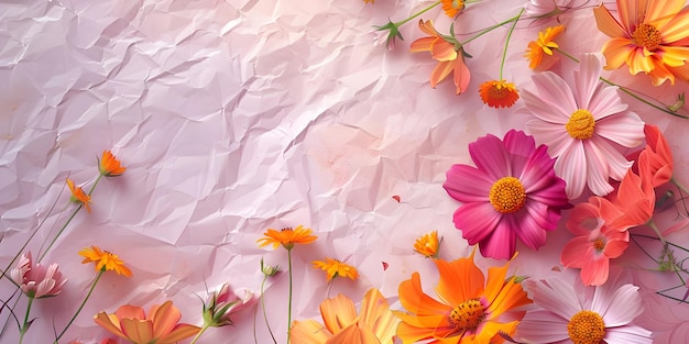 Foto flores coloridas en el fondo de papel viejo con espacio para el texto ai generado