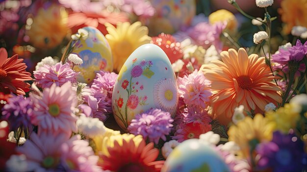 Flores coloridas y huevos en la hierba Una vibrante escena de primavera Pascua