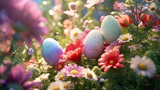 Flores coloridas y huevos en la hierba Una vibrante escena de primavera Pascua