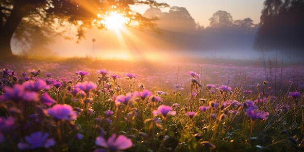 flores coloridas no campo selvagem na manhã gotas de orvalho e luz do feixe de sol