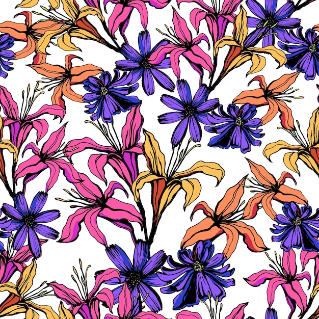Flores coloridas Patrón decorativo sin costuras Fondo repetido Impresión de papel tapiz Enlosables